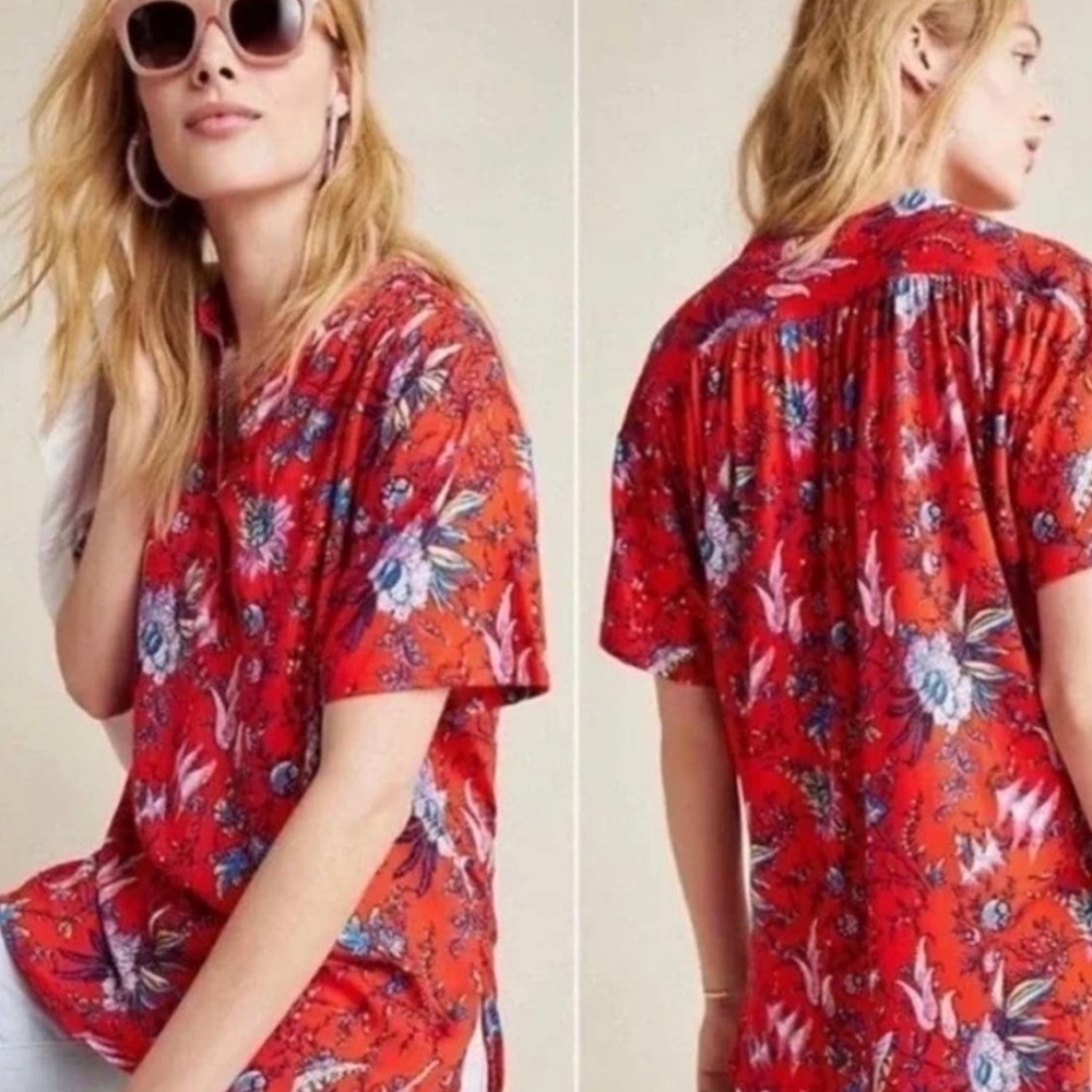 Anthropologie Maeve Windham Floral Tunic Top in Red Sz S